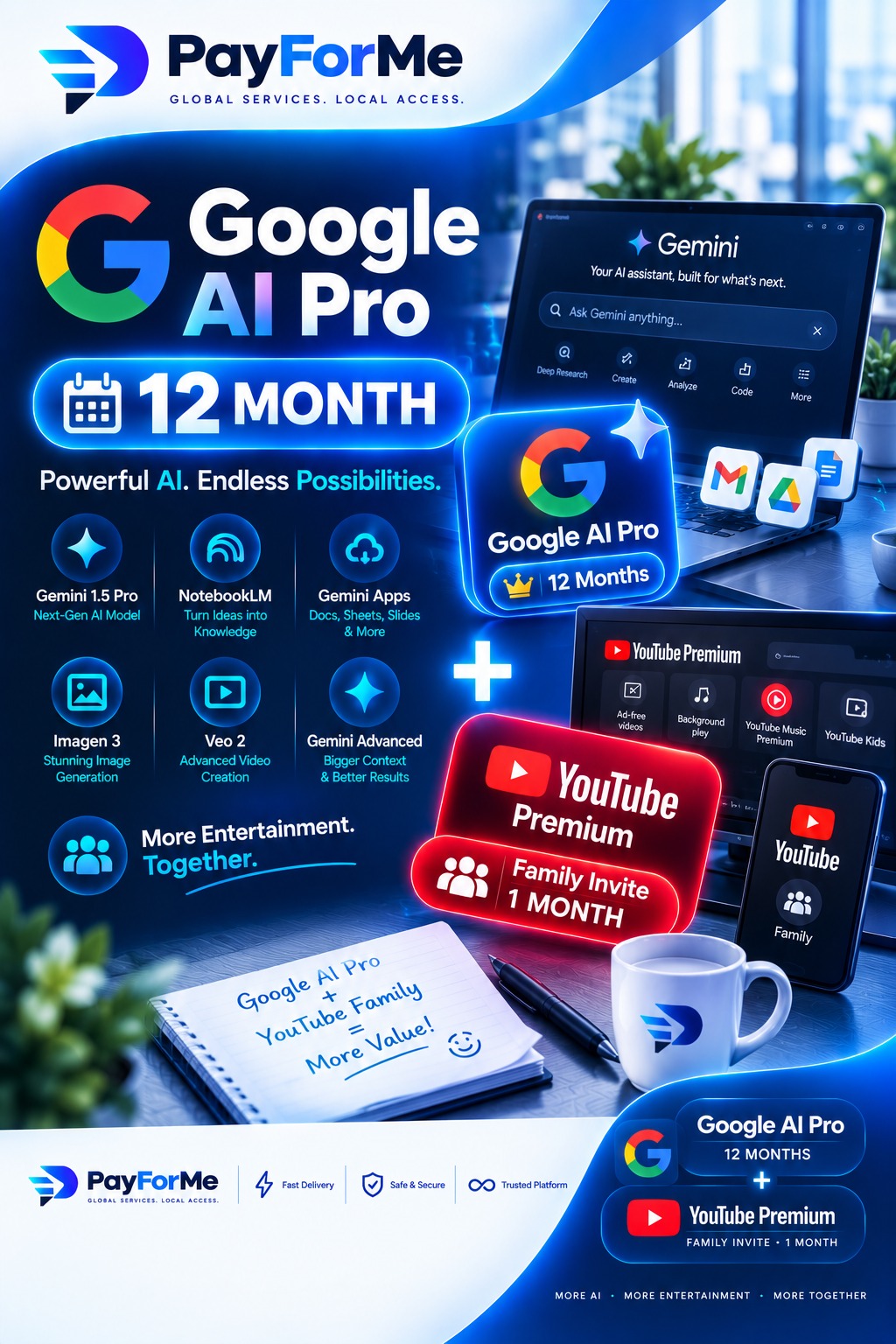 Google ai pro سنة  + Youtube شهر